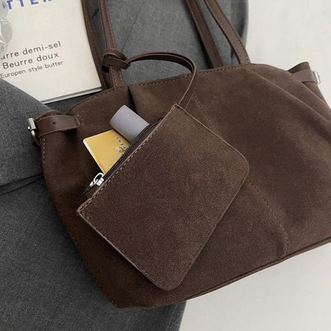 brown zip up handbag,brown faux suede shoulder bag, Functional tote with detachable pouch, Shoulder bag with pouch