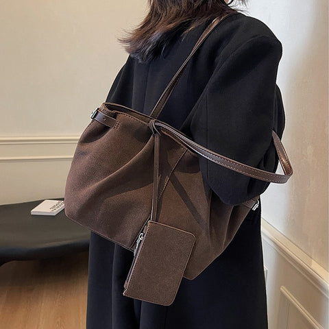 brown everyday bag, brown faux suede handbag with pouch, Soft suede texture purse, Fashionable women's bag
