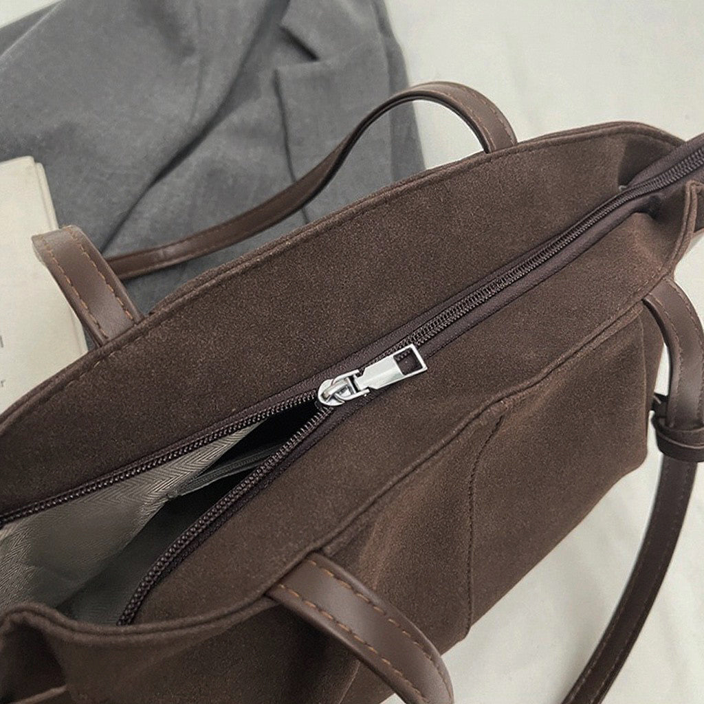 brown slouchy bag with zip, brown handbag for school, Tote bag for university students, tote bag for laptop or tablet