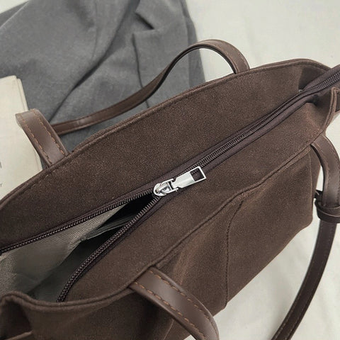 brown slouchy bag with zip, brown handbag for school, Tote bag for university students, tote bag for laptop or tablet