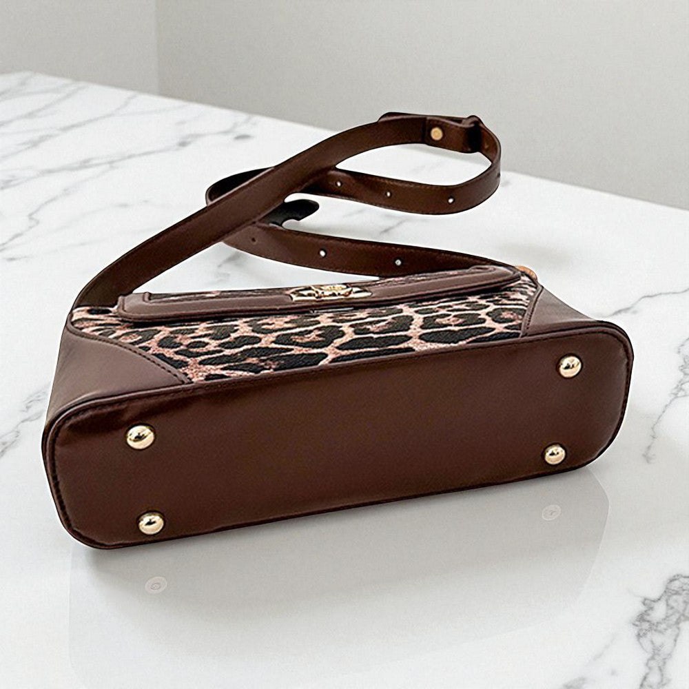 brown going out bag, animal print bag
