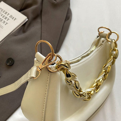 beige handbag with statement chain, beige chain detail handbag, handbag with statement chain, chain detail handbag, Stylish mini handbag for day and night wear