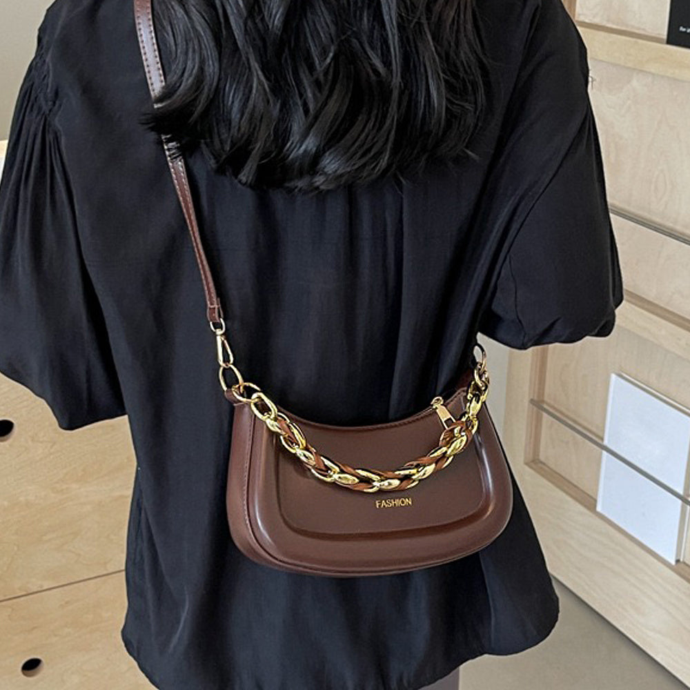 brown handbag with statement chain, brown chain detail handbag, handbag with statement chain, chain detail handbag, Stylish mini handbag for day and night wear