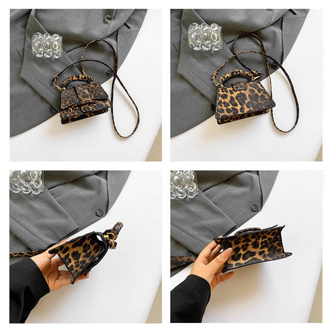 Dressy handbag for special events or nights out, Small structured handbag with leopard pattern design, Trendy leopard bag with adjustable crossbody strap