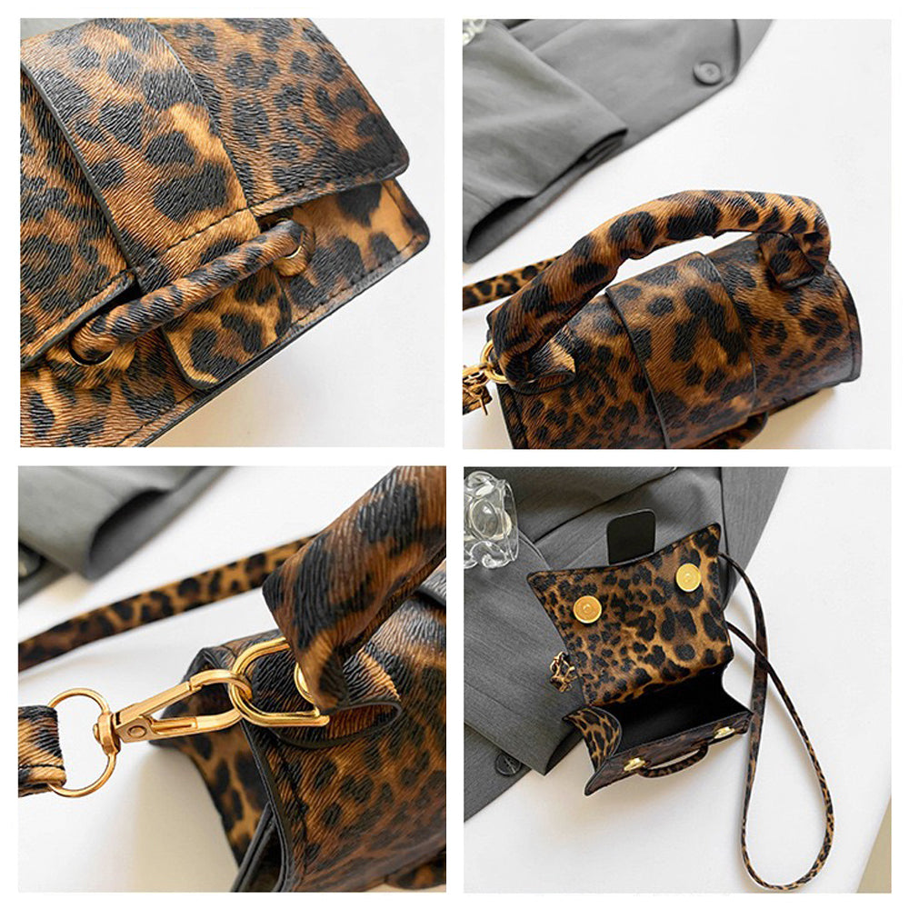 Fashion mini purse with bold wild cat pattern, Small boxy handbag with structured silhouette, Trendy handbag