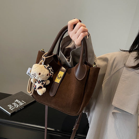 brown shoulder bag, brown crossbody bag, Suede tote bag, Soft suede tote with gold clasp