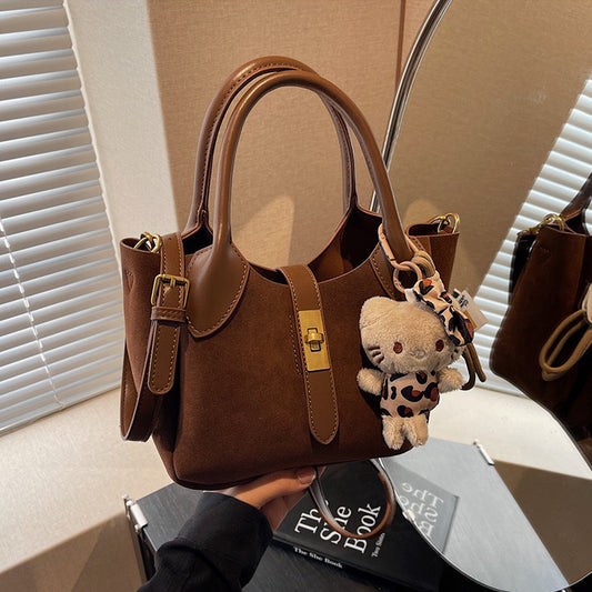tan mini tote bag, Daily use handbag, Suede handbag with top handles