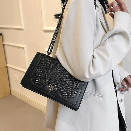 Black chain strap handbag, Black shoulder bag with snakeskin texture, Faux snakeskin leather bag