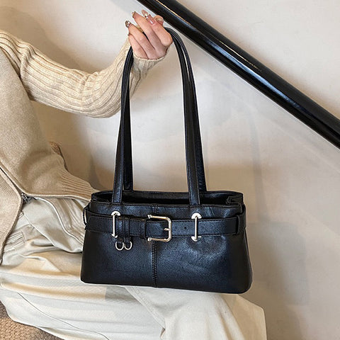 black shoulder strap bag, black buckle detail bag, Faux leather black tote, Trending black handbag 2025