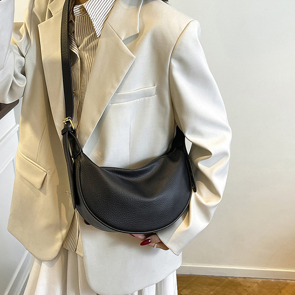 women's crescent shape shoulder bag, women's crescent shape faux leather shoulder bag, women's handbag, black crescent shoulder bag women