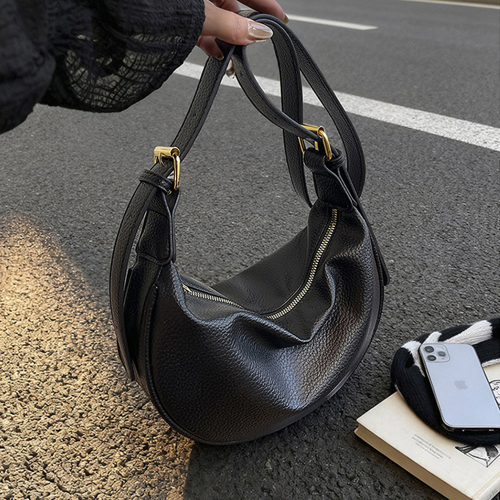 faux leather shoulder bag women, stylish crescent handbag women, women's fashion bag, black faux leather shoulder bag women