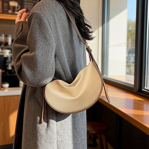 faux leather shoulder bag women, stylish crescent handbag women, women's fashion bag, khaki faux leather shoulder bag women