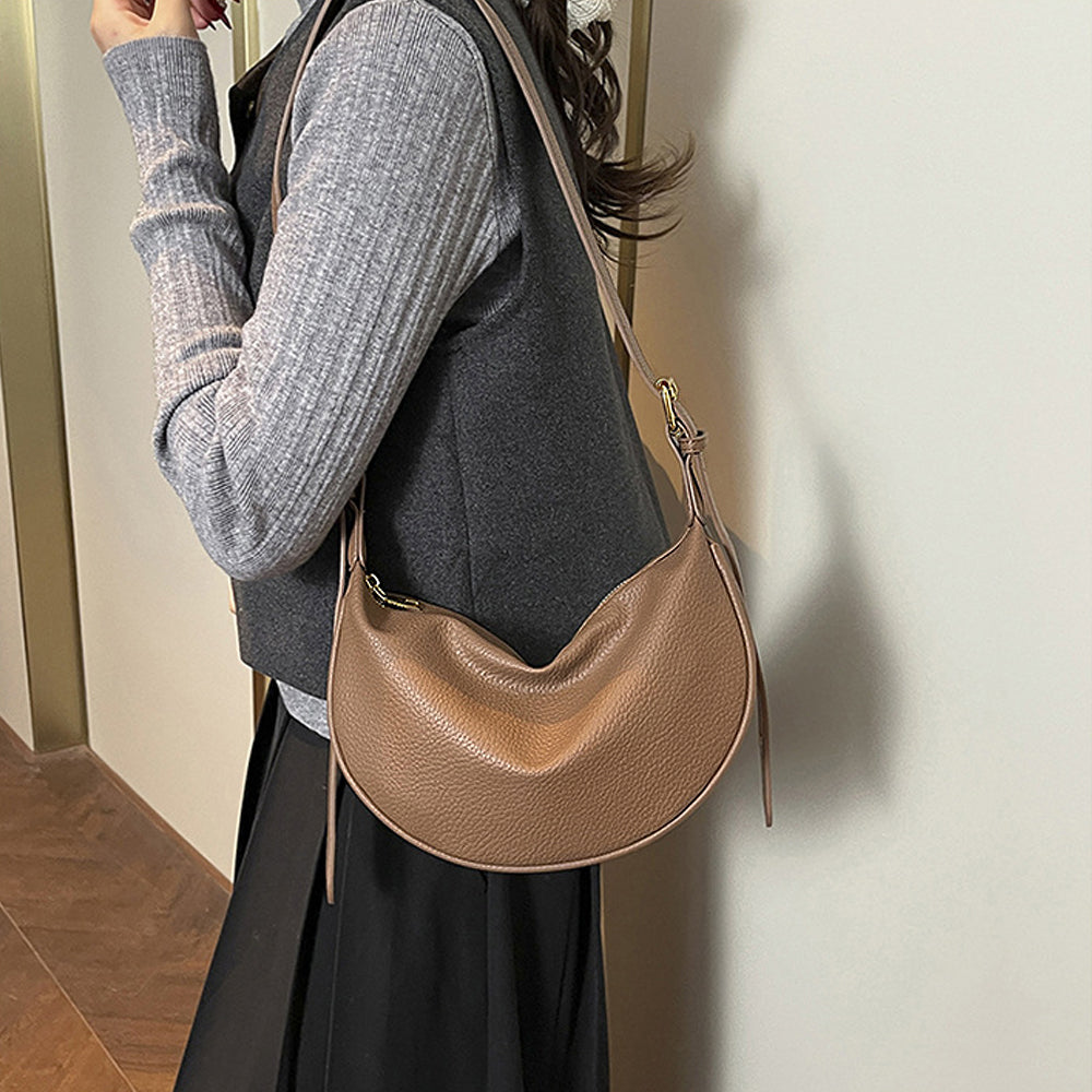 women's crescent shape shoulder bag, women's crescent shape faux leather shoulder bag, women's handbag, taupe crescent shoulder bag women