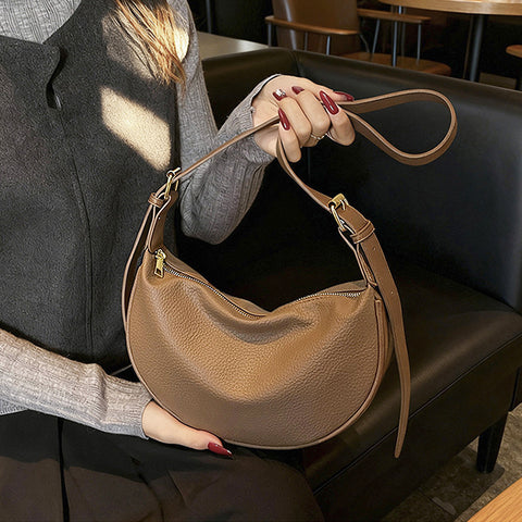 women's crescent handbag, women's curved shoulder bag, women's everyday handbag, taupe crescent purse women