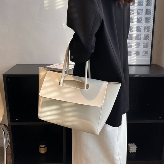 flap over handle shoulder tote bag, large faux leather tote bag, women's faux leather flapover tote bag, women's bags, beige handbag, women's beige bag