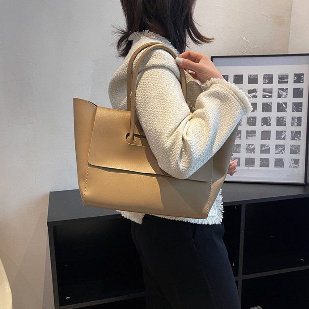 flap over handle shoulder tote bag, large faux leather tote bag, women's faux leather flap over tote bag, women's bags, khaki handbag, women's khaki bag