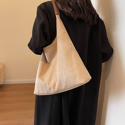 faux suede shoulder bag, casual shoulder bag for women, stylish slouchy handbag with adjustable strap, beige tote bag, beige shoulder bag