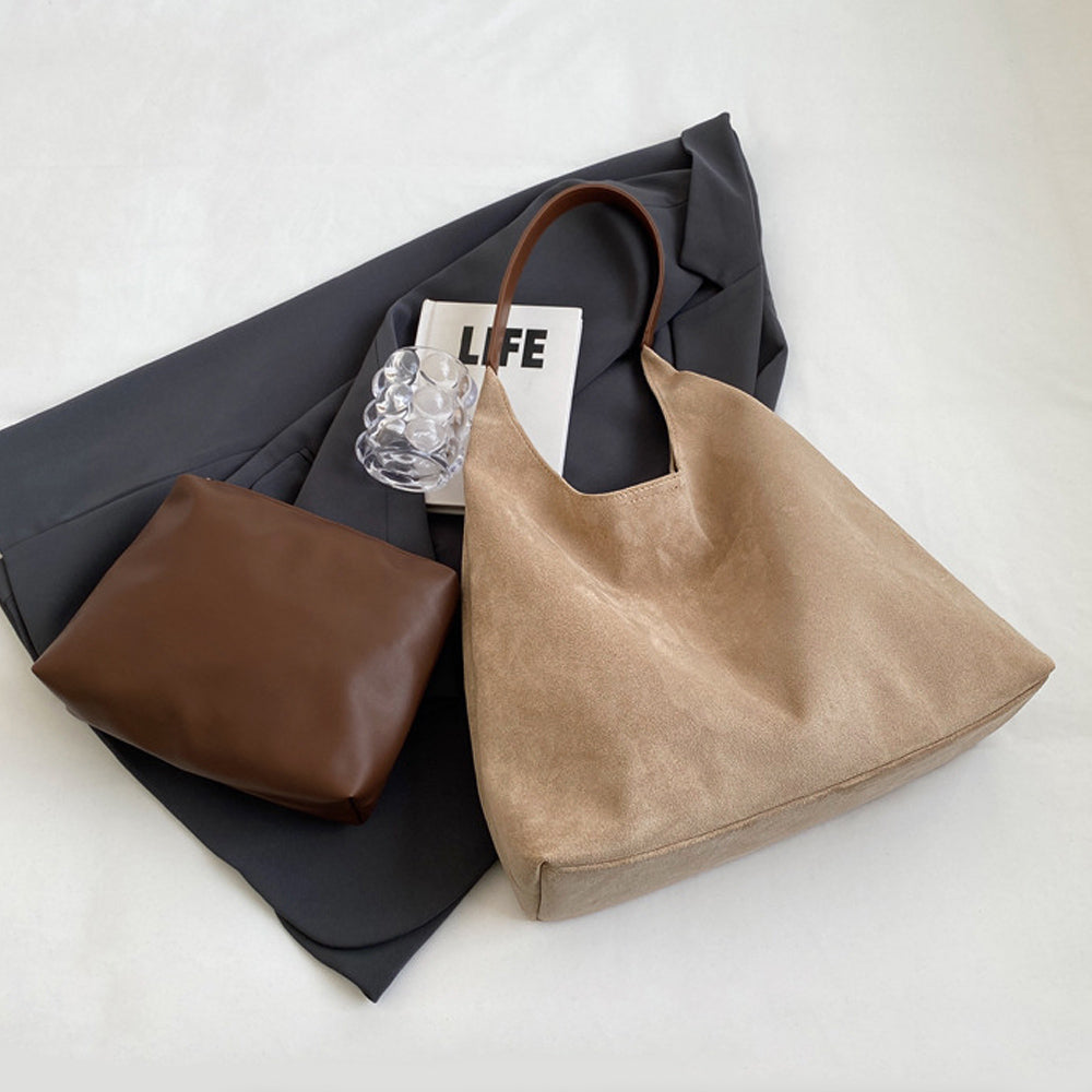 faux suede handbag, women's fashion shoulder bag, everyday women's slouchy handbag, beige slouchy shoulder bag, beige slouchy tote bag