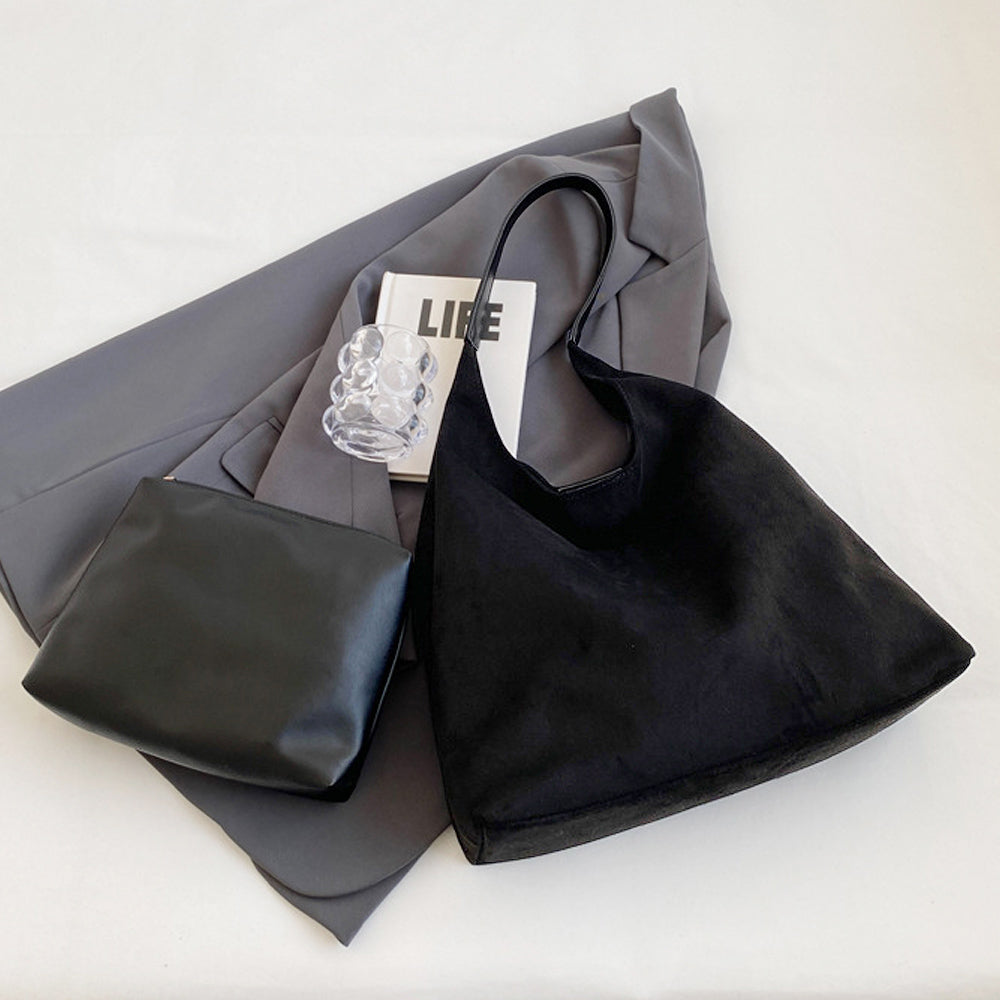 women's slouchy shoulder bag, soft faux suede handbag, women's faux suede slouchy shoulder bag, black slouchy bag, black handbag