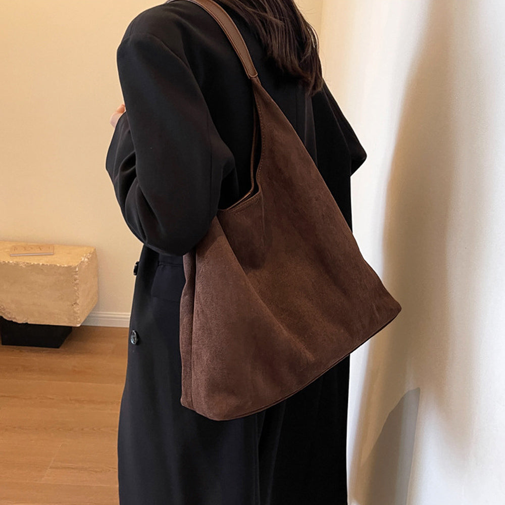 faux suede shoulder bag, casual shoulder bag for women, stylish slouchy handbag with adjustable strap, brown tote bag, brown shoulder bag