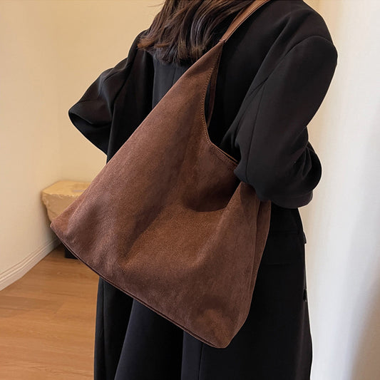 slouchy handbag for women, everyday slouchy handbag, soft faux suede shoulder bag for women, brown shoulder tote bag, brown handbag