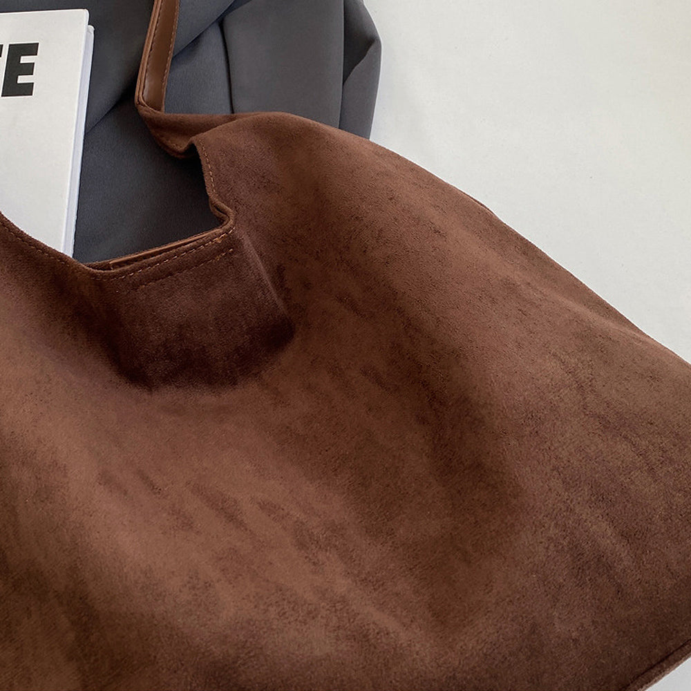 faux suede handbag, women's fashion shoulder bag, everyday women's slouchy handbag, brown slouchy shoulder bag, brown slouchy tote bag