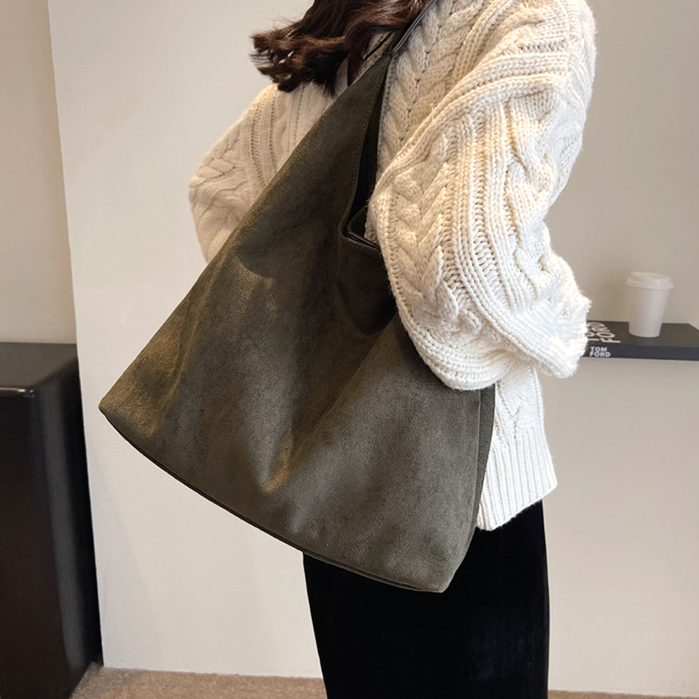 faux suede handbag, women's fashion shoulder bag, everyday women's slouchy handbag, green slouchy shoulder bag, green slouchy tote bag