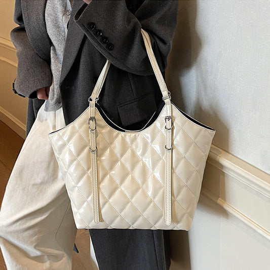 women's quilted wet look tote bag, stylish everyday tote bag, women's quilted wet look tote bag with handle, beige handbag, womens beige handbag