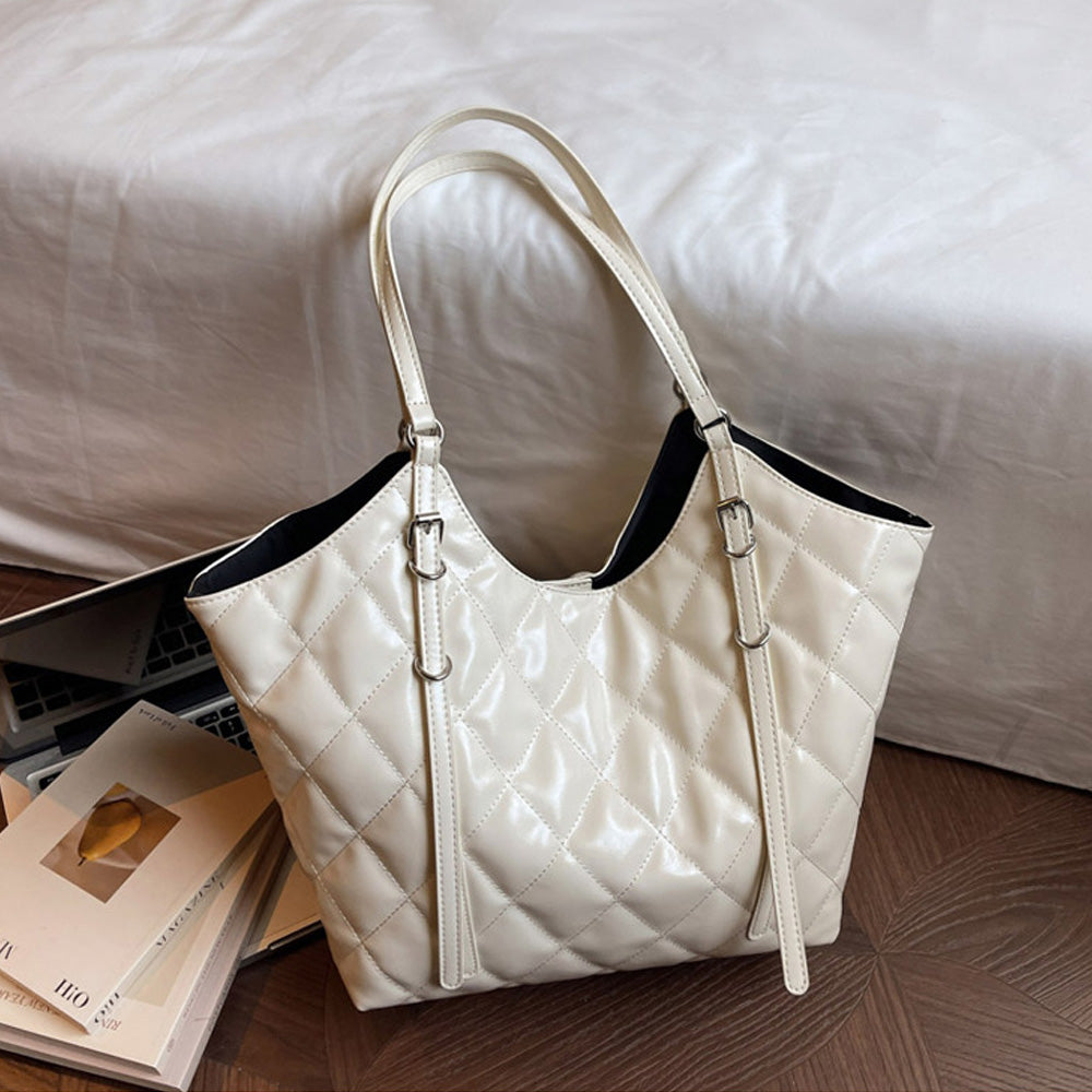 wet look tote bag with handle, fashionable wet look handbag, glossy quilted tote bag for women, beige bag, womens beige bag