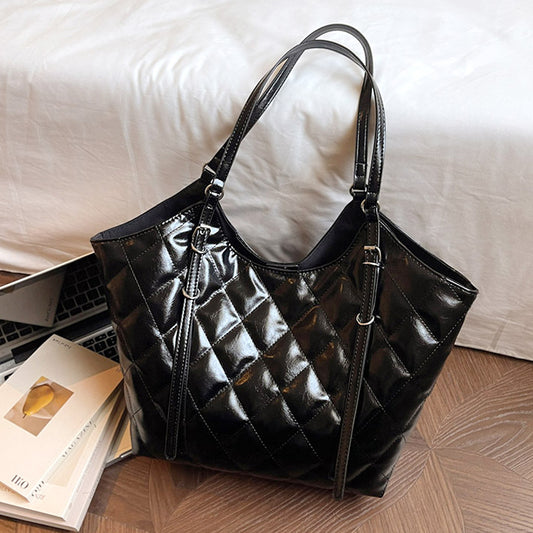 Magnolia Women's Quilted Wet look Tote Bag with Handle in Black