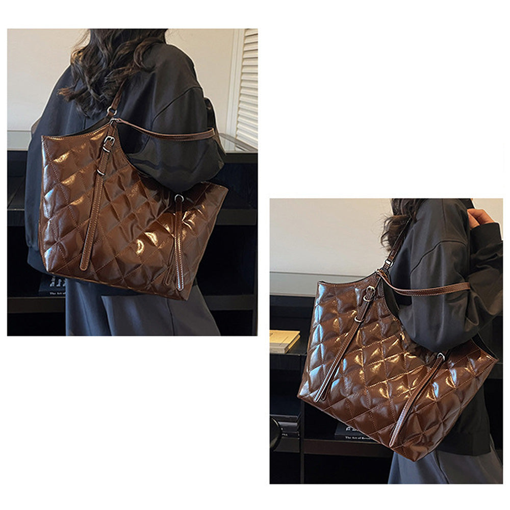women's quilted handbag, women's casual tote bag, fashionable wet look tote bag for daily use, brown shoulder bag, brown shoulder handbag