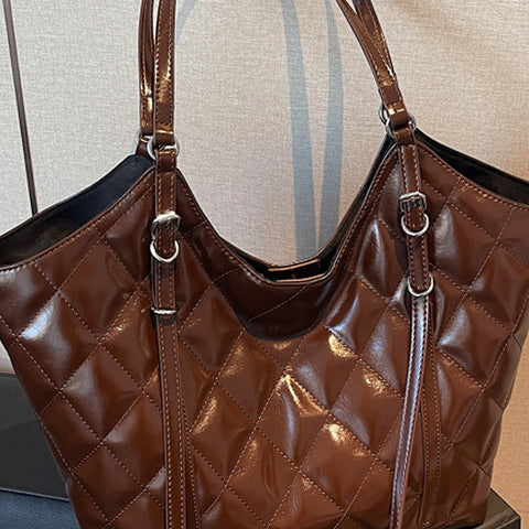 glossy tote bag women, quilted top handle bag, large quilted tote bag for work and casual wear, brown crossbody bag, brown tote bag