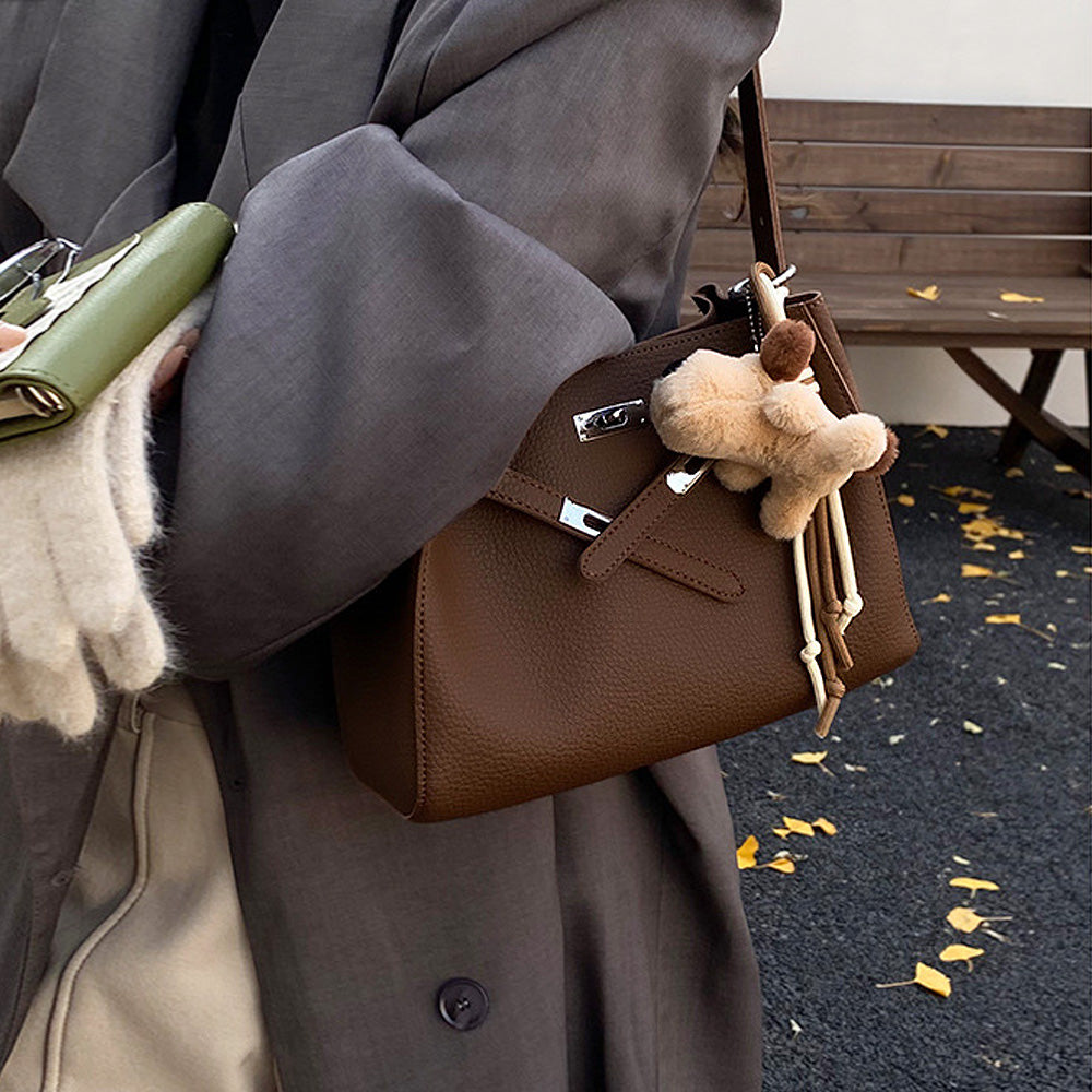 women's belted shoulder tote bag, women's fashion tote bag, women's belted shoulder tote bag in faux leather with charm, brown tote bag, womens brown tote bag