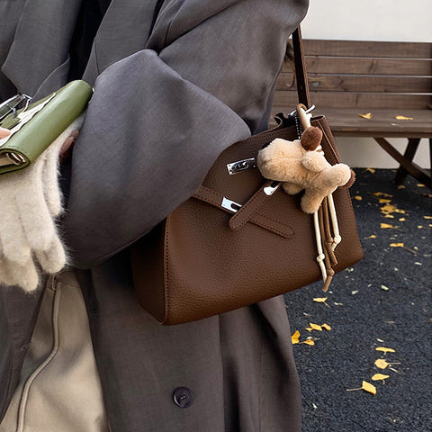 women's belted shoulder tote bag, women's fashion tote bag, women's belted shoulder tote bag in faux leather with charm, brown tote bag, womens brown tote bag