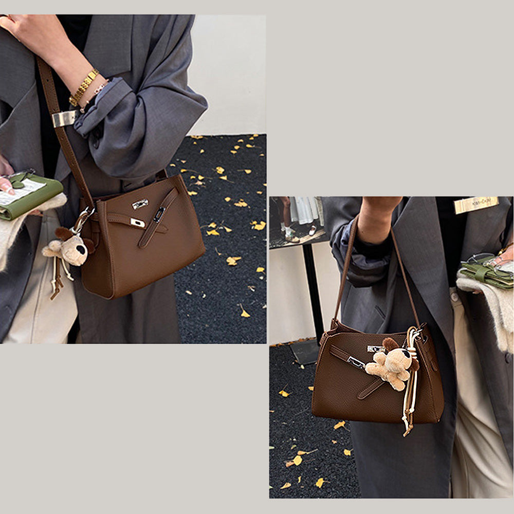 belted tote bag for women, everyday tote bag for women, fashionable women's tote bag for everyday use, brown tote bag with charm