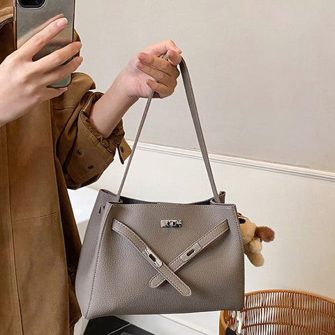 women's belted shoulder tote bag, women's fashion tote bag, women's belted shoulder tote bag in faux leather with charm, khaki tote bag, womens khaki  tote bag