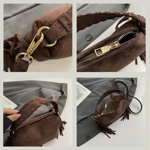 western style handbag for women, women's festival tassel shoulder bag, handbag for festivals and concerts, brown zip up handbag