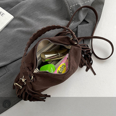 women's tassel handbag, western style purse, stylish fringe shoulder bag for women, brown faux suede bag for festivals