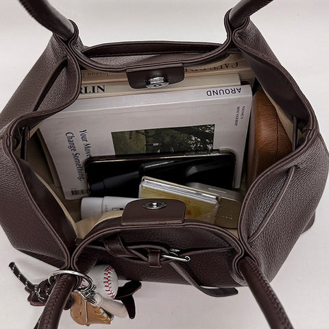 women's shoulder tote bag, fashionable tote bag women, fashionable shoulder tote bag with charm, brown shoulder bag, brown shoulder tote bag