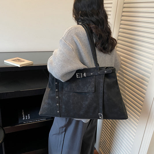 women's large shoulder tote bag, women's work tote bag, women's large shoulder double belted tote bag, black tote bag