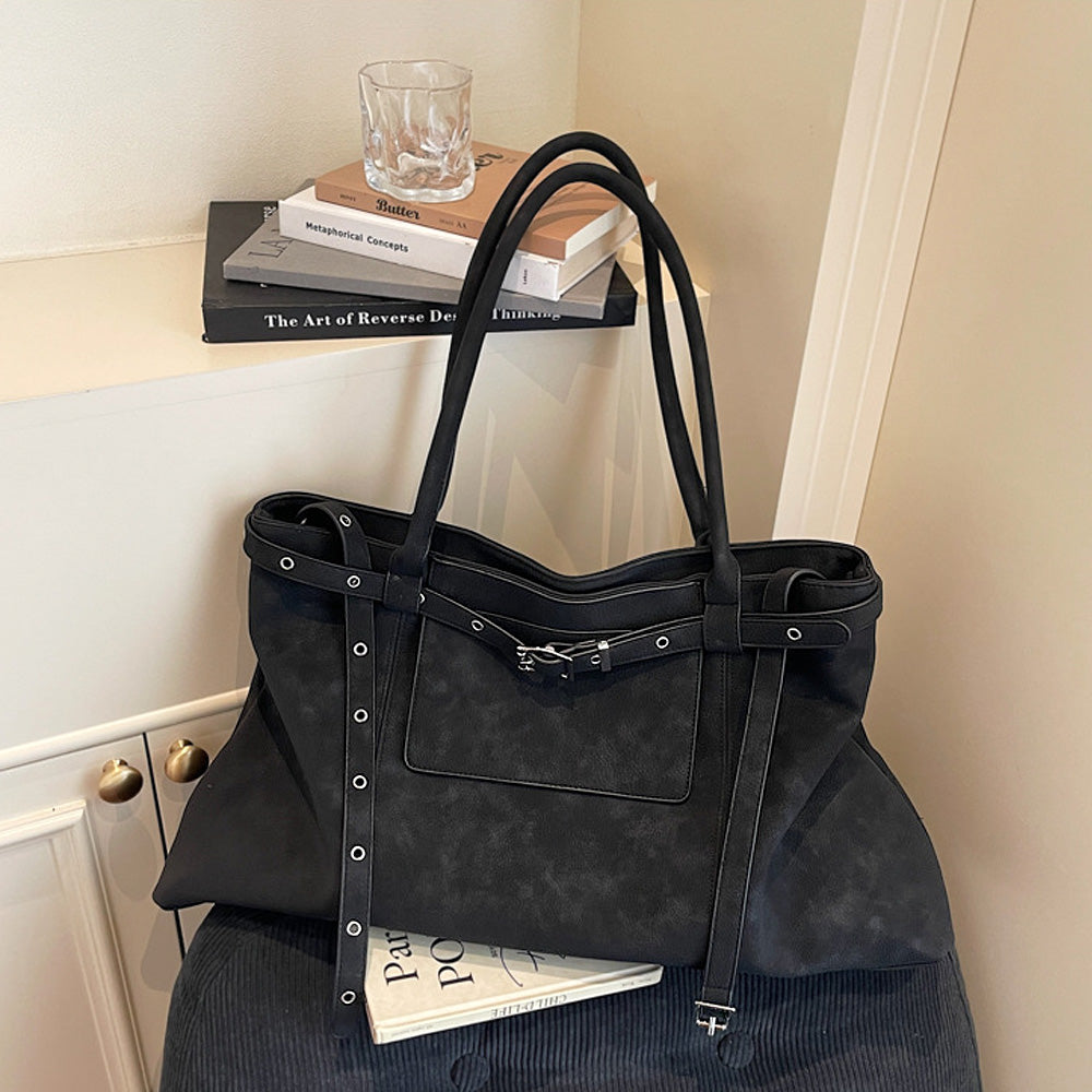 double belted tote bag, large everyday tote bag, stylish large tote bag for work and shopping, black shoulder tote bag