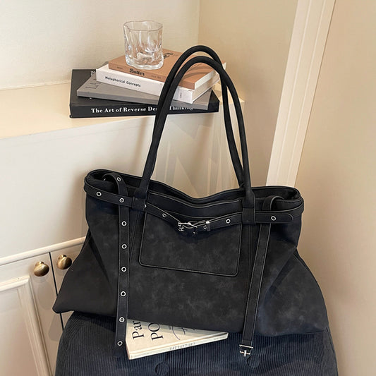 double belted tote bag, large everyday tote bag, stylish large tote bag for work and shopping, black shoulder tote bag