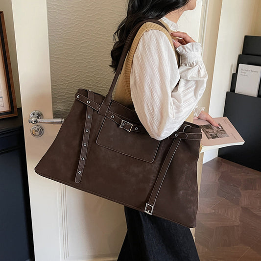 women's large shoulder tote bag, women's work tote bag, women's large shoulder double belted tote bag, brown tote bag