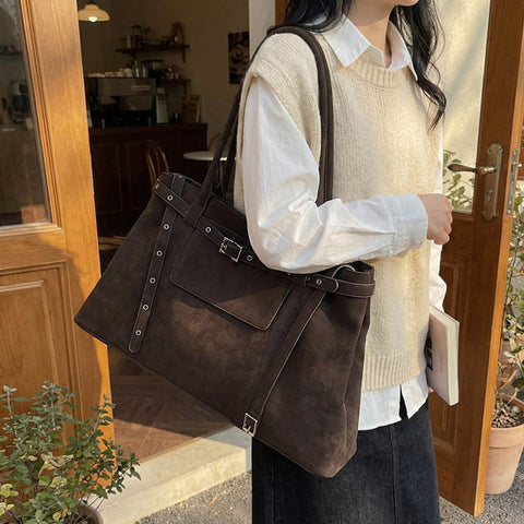 double belted tote bag, large everyday tote bag, stylish large tote bag for work and shopping, brown shoulder tote bag