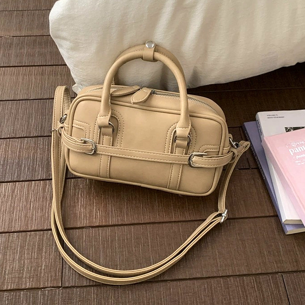 Taupe mini top handle zip up bag with crossbody strap