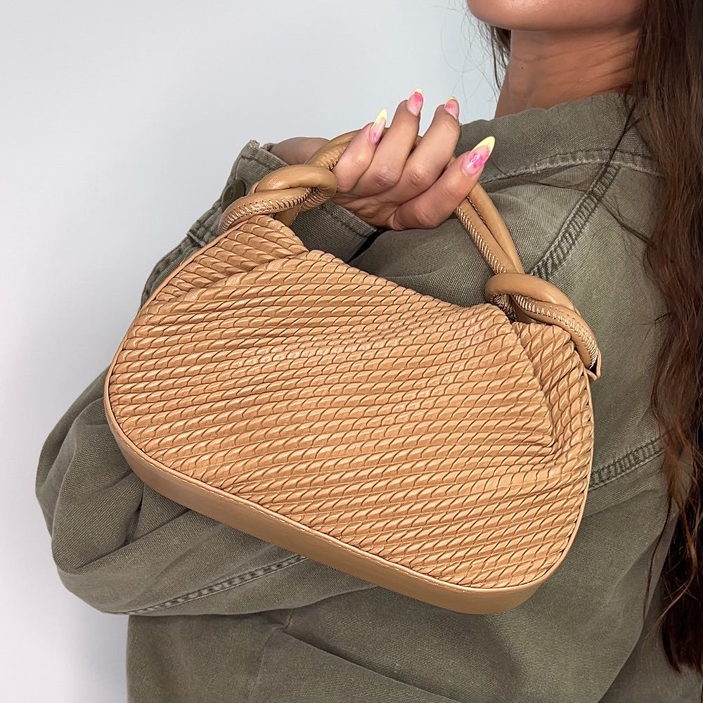 small taupe crossbody bag with structured woven design