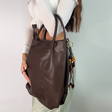 Alessa Shoulder Tote Bag With Floral Charm in Brown