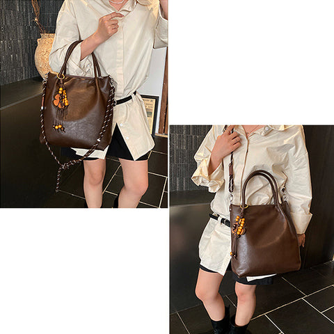 Alessa Shoulder Tote Bag With Floral Charm in Brown