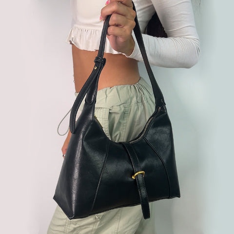 elegant black top handle shoulder bag, black shoulder handbag