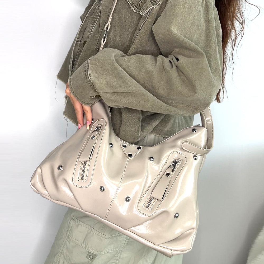 khaki studded shoulder bag, khaki shoulder bag with adjustable crossbody straps and studs